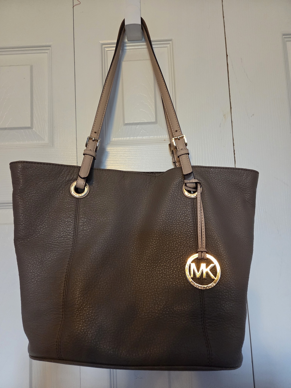 Michael Kors Taupe Brown Leather Tote Bag with Gold MK Charm